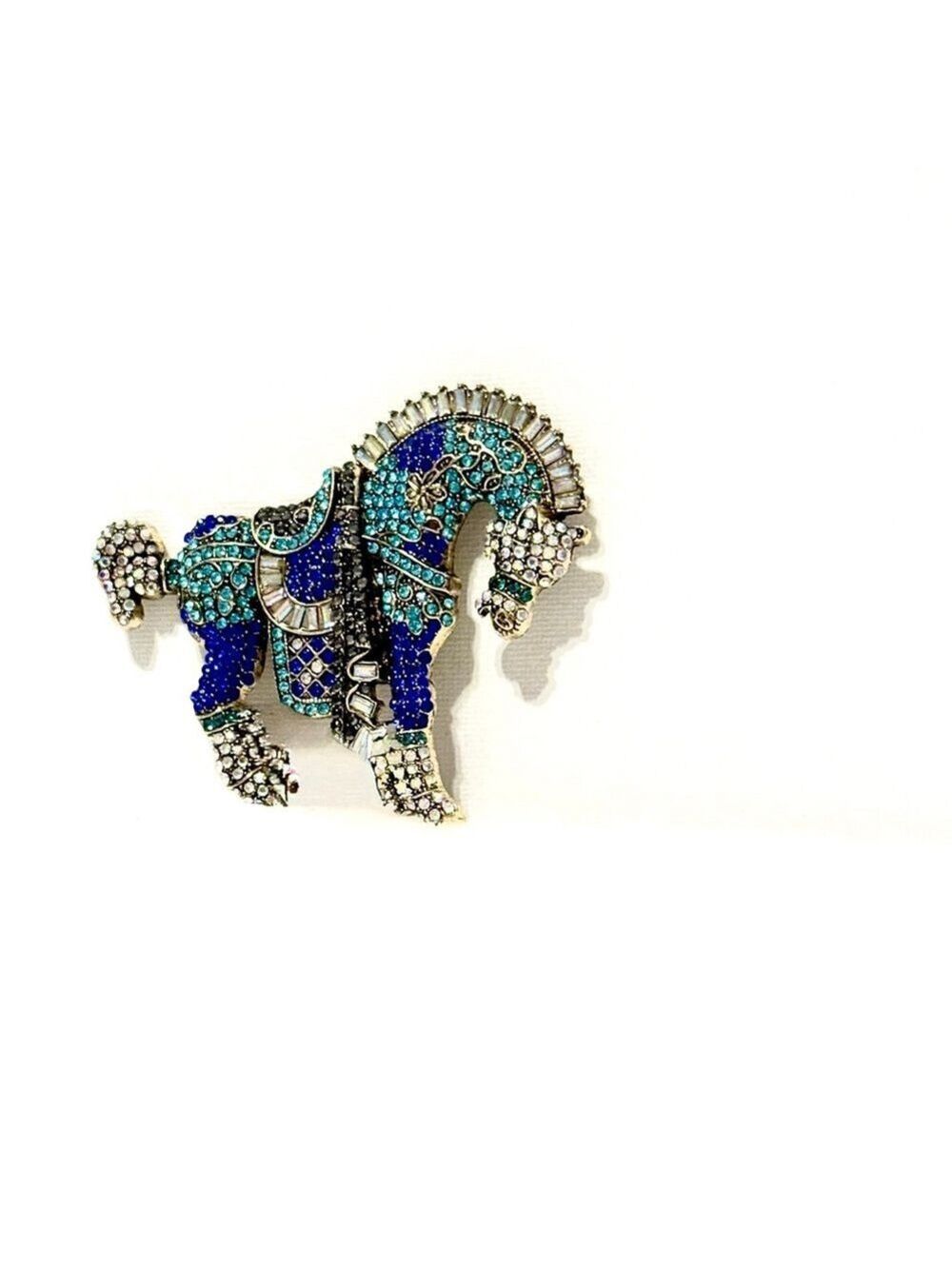 Oversized Sparkling Blue Fashion Crystalized Horse Statement Silver Brooch | NWT